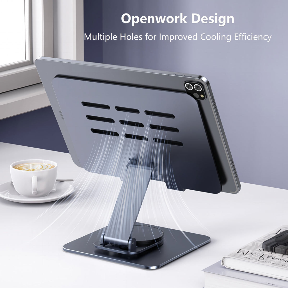 Aluminum Tablet Stand with 360-Degree Rotating Base, Foldable Desk Holder, Gray - Image 6