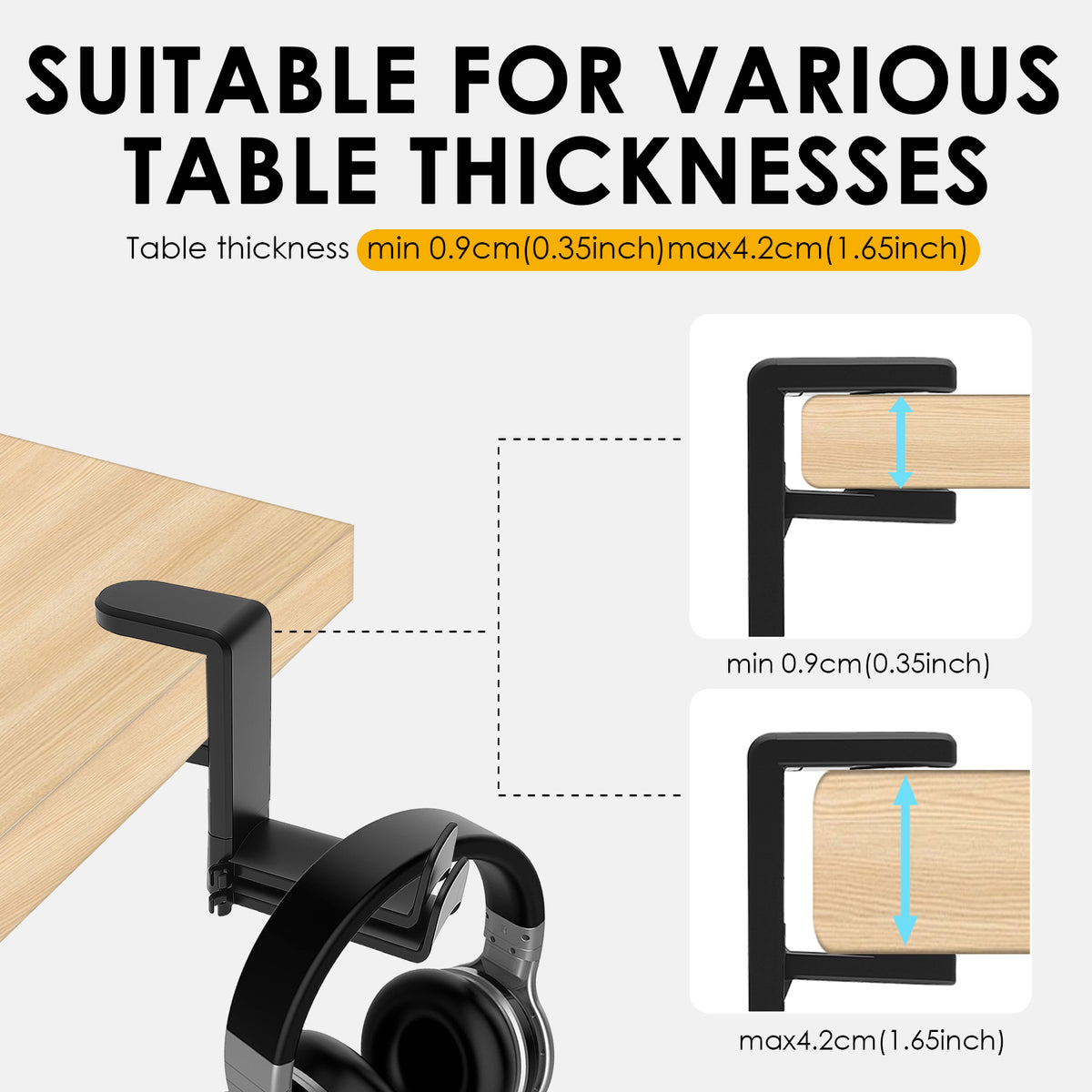 Dual Headphone Hanger Under-Desk Clamp Mount with Cable Clips, 360-Degree Rotating - Image 3