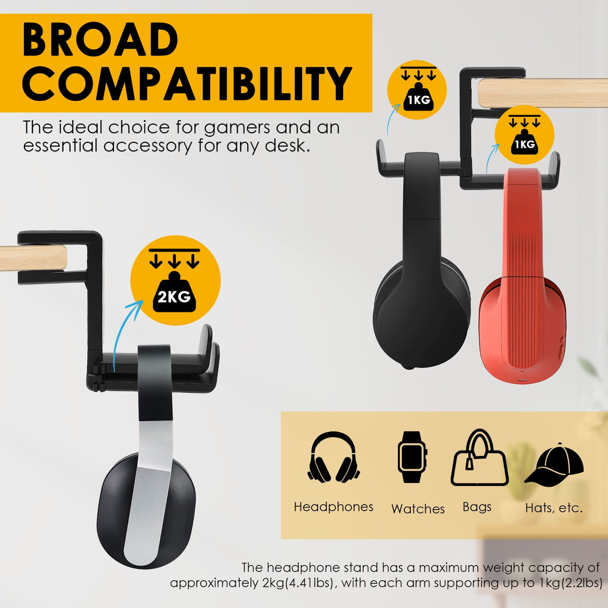 Dual Headphone Hanger Under-Desk Clamp Mount with Cable Clips, 360-Degree Rotating - Image 6