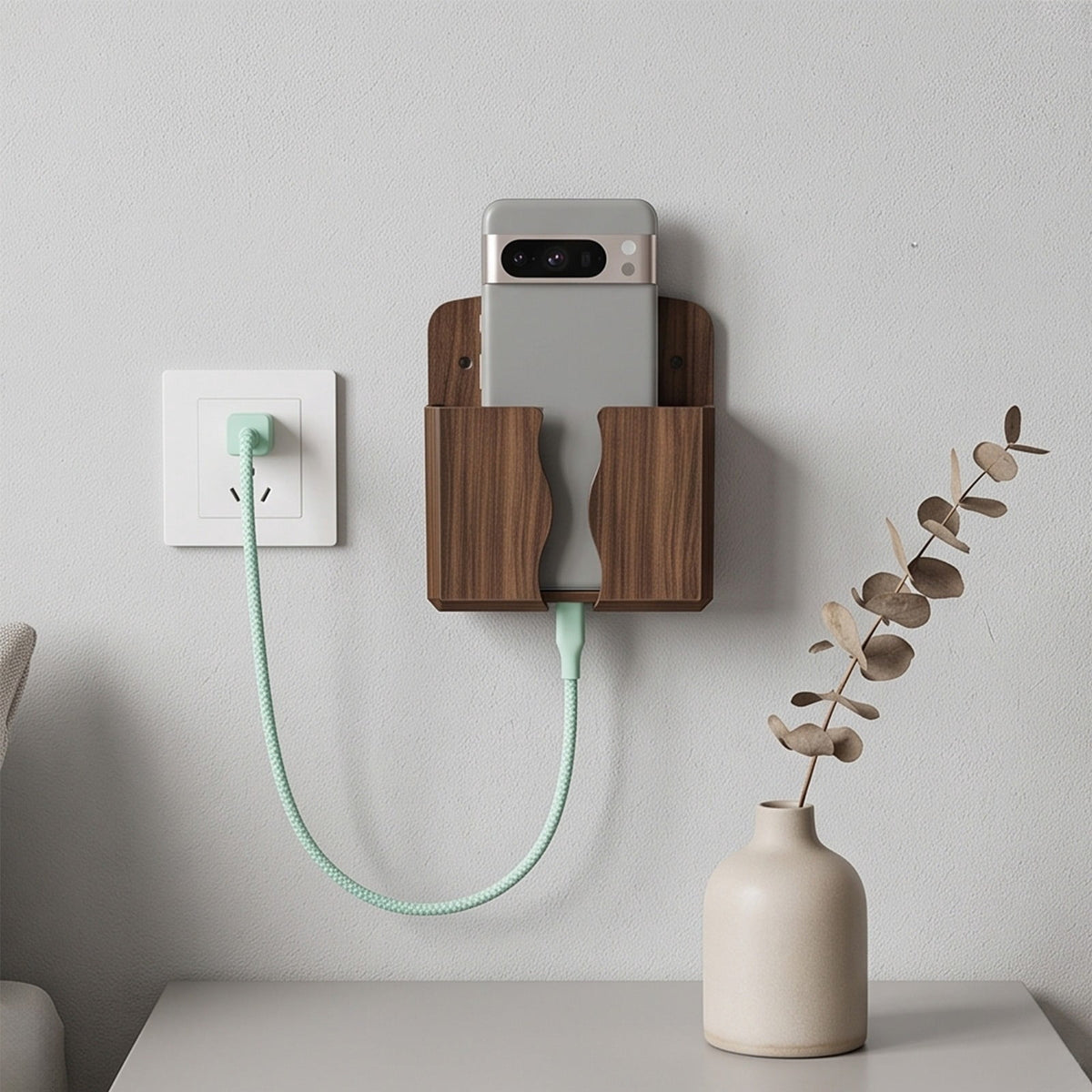 Wall-Mounted Phone Charging Shelf and Remote Holder, No-Drill Wood Grain Organizer - Image 2