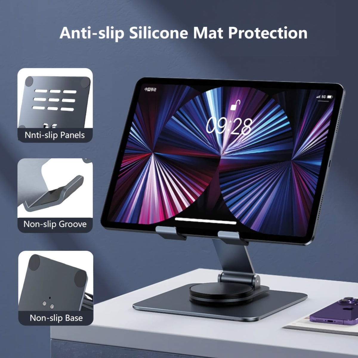 Aluminum Tablet Stand with 360-Degree Rotating Base, Foldable Desk Holder, Gray - Image 4