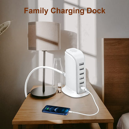 Compact 40 W Charging Station with 5 USB-A and 1 USB-C Port, White Desktop Hub - Image 6