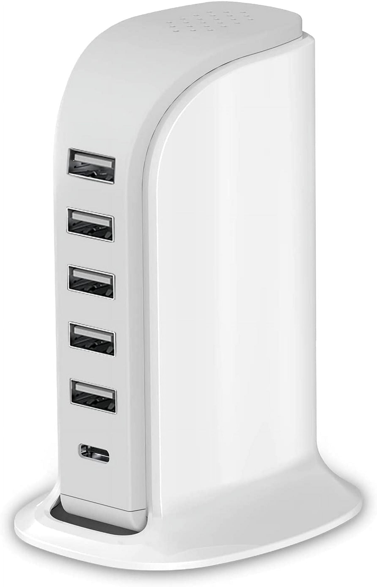 Compact 40 W Charging Station with 5 USB-A and 1 USB-C Port, White Desktop Hub