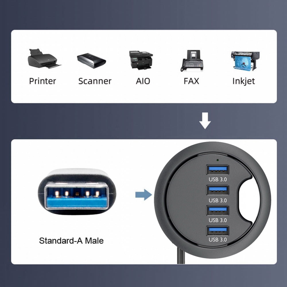 4-Port USB 3.0 Desk Grommet Hub, In-Desk Splitter for 60 mm Cable Holes - Image 5