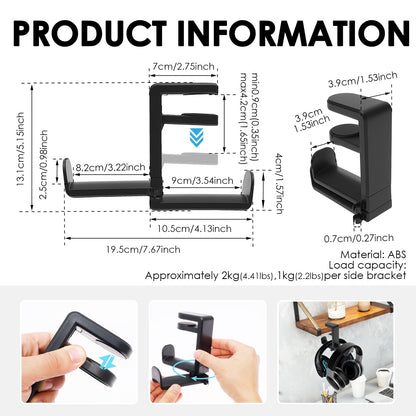 Dual Headphone Hanger Under-Desk Clamp Mount with Cable Clips, 360-Degree Rotating - Image 2