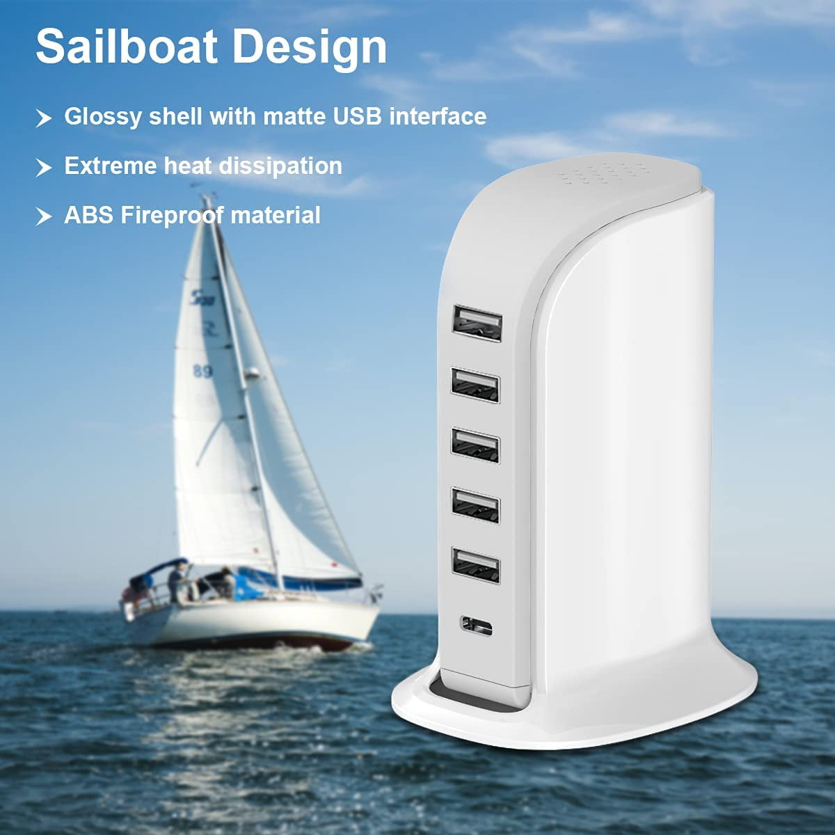 Compact 40 W Charging Station with 5 USB-A and 1 USB-C Port, White Desktop Hub - Image 5