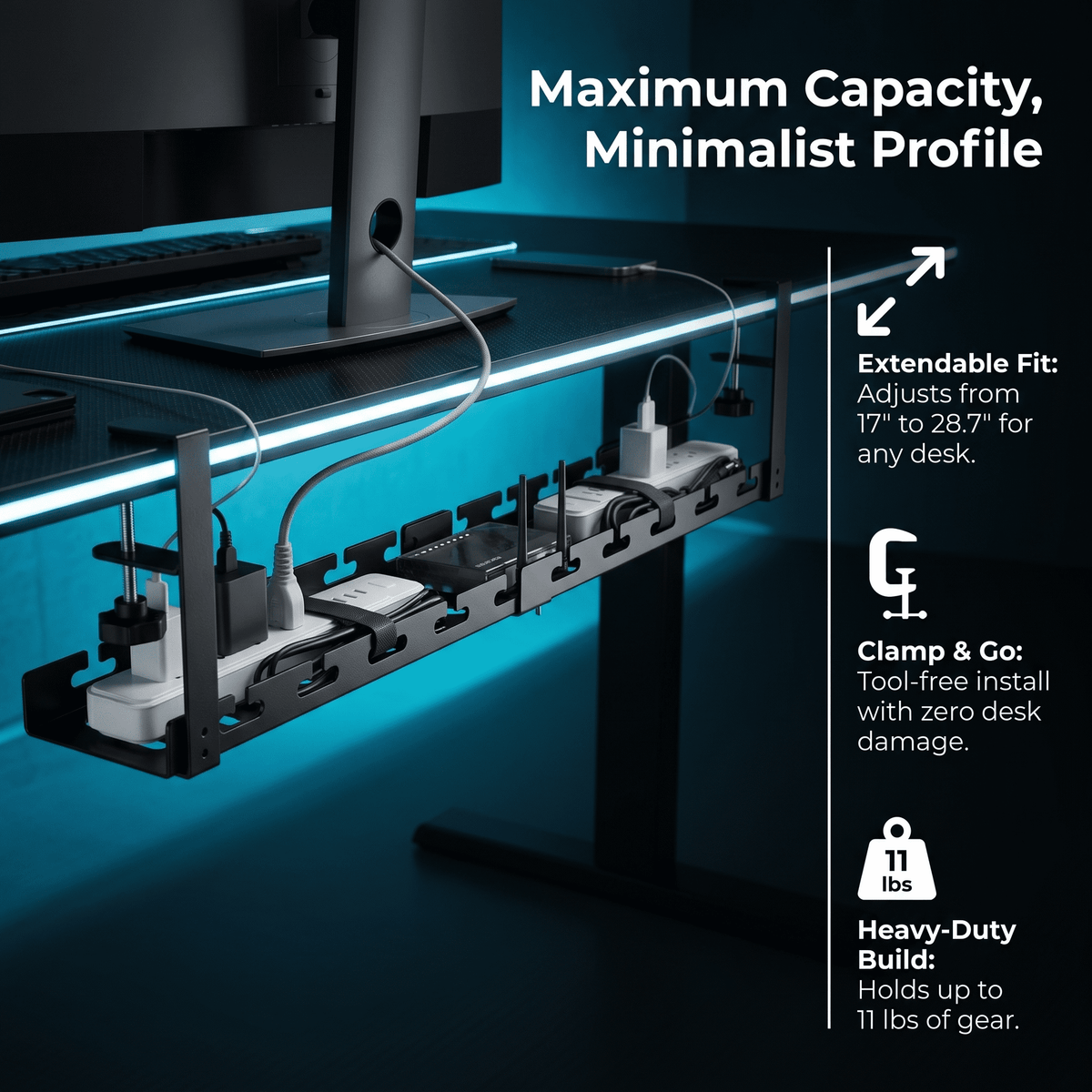 Extendable Under-Desk Cable Tray, 17 to 28.7 Inch Metal Cord Organizer with Clamp - Image 3