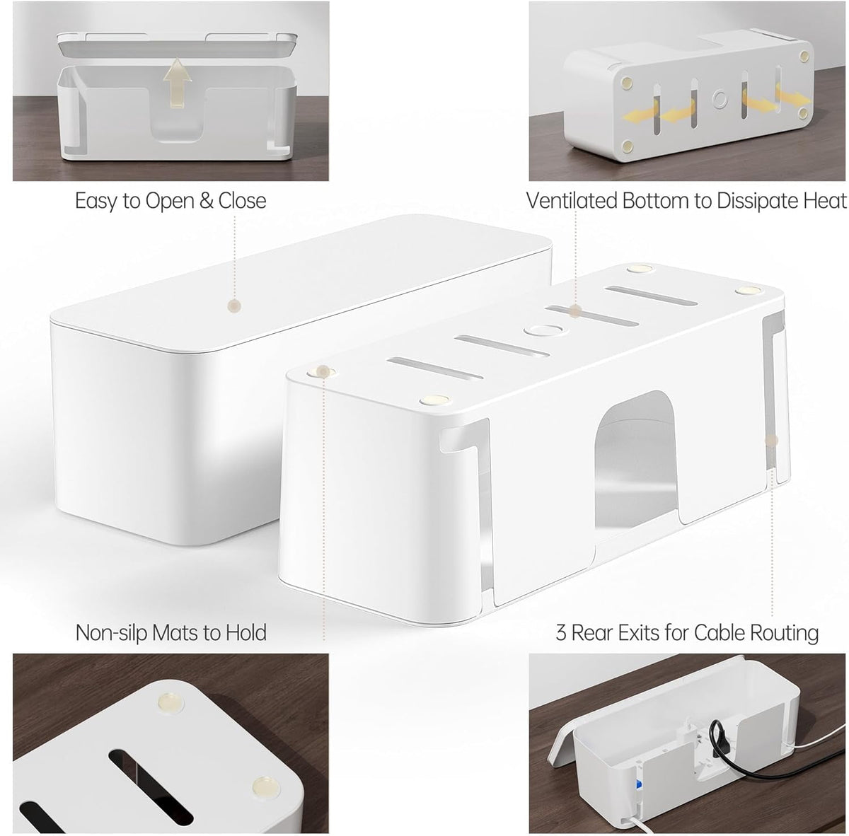 Cable Management Boxes to Hide Power Strips, Vented White Cord Organizers, Set of 2 - Image 2