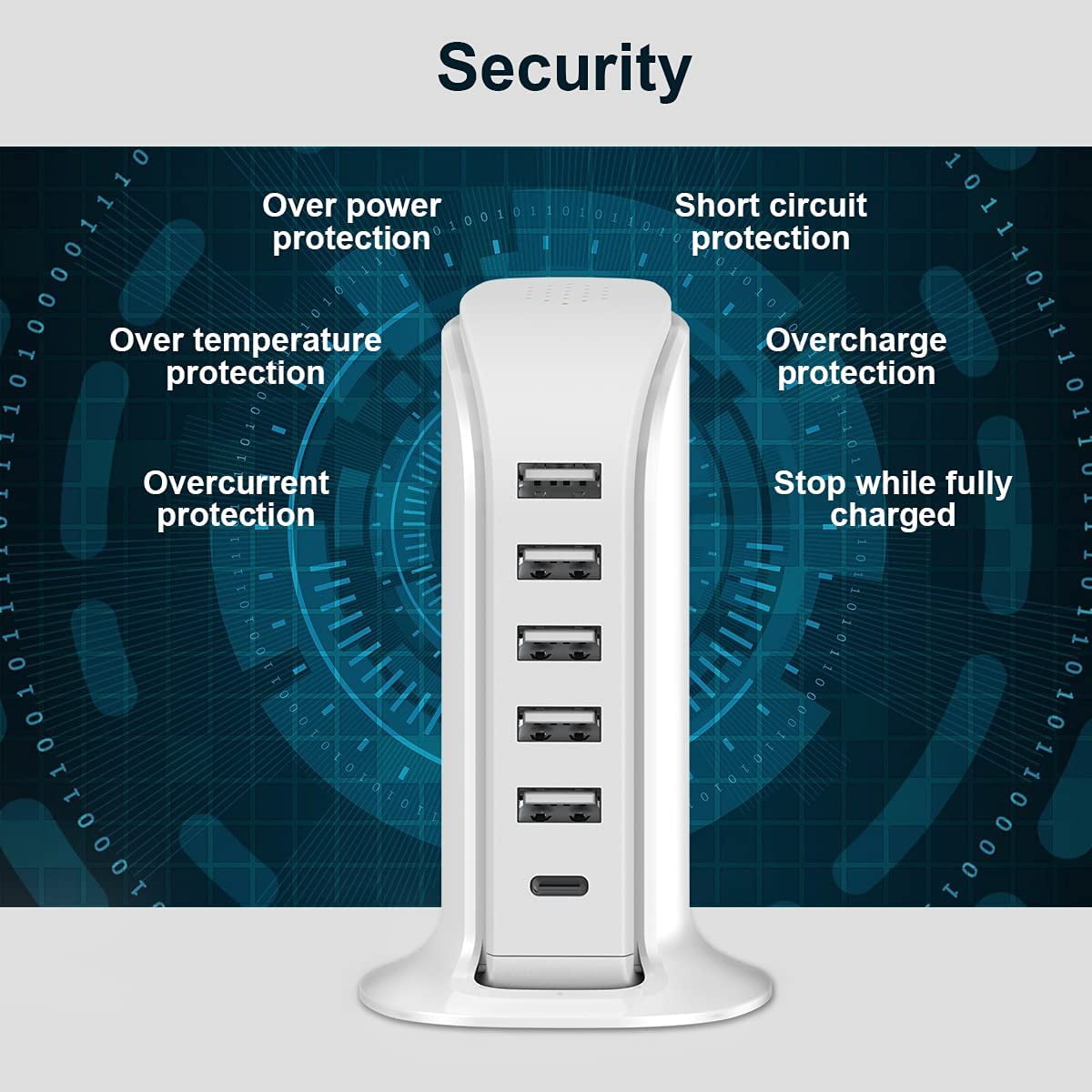 Compact 40 W Charging Station with 5 USB-A and 1 USB-C Port, White Desktop Hub - Image 2
