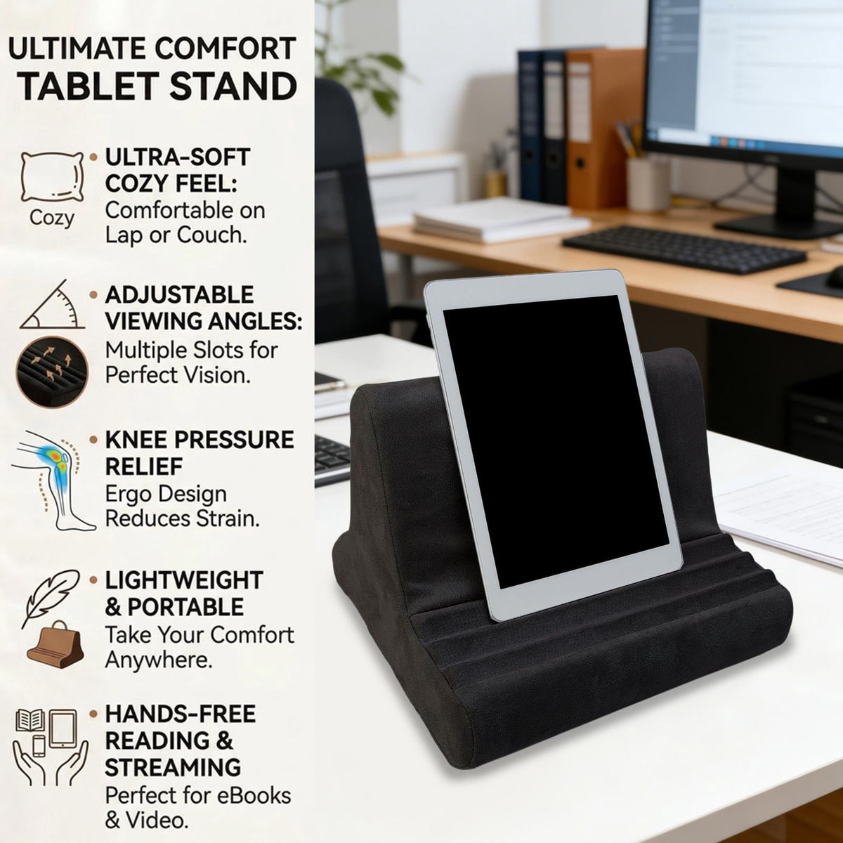 Cushioned Tablet Stand Pillow with Three Viewing Angles, Black Lap Reading Rest - Image 6