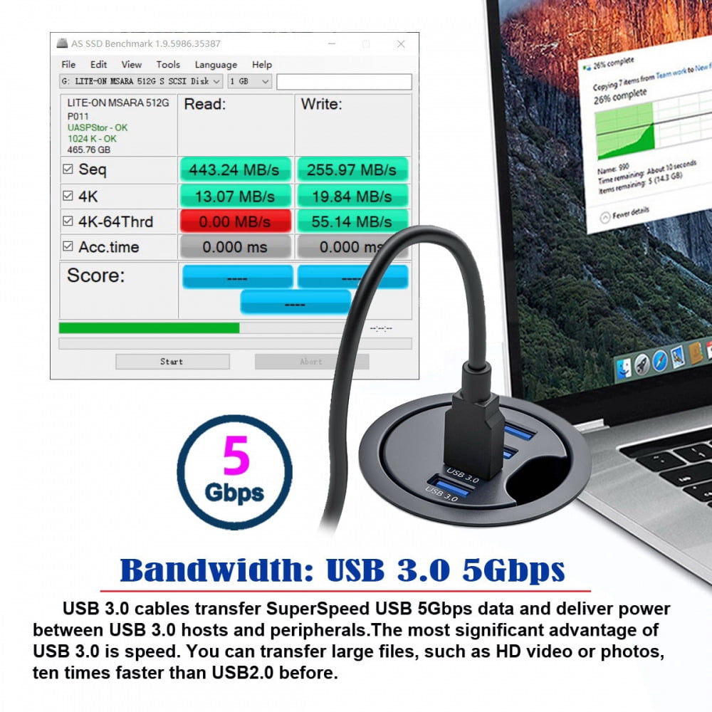 4-Port USB 3.0 Desk Grommet Hub, In-Desk Splitter for 60 mm Cable Holes - Image 3