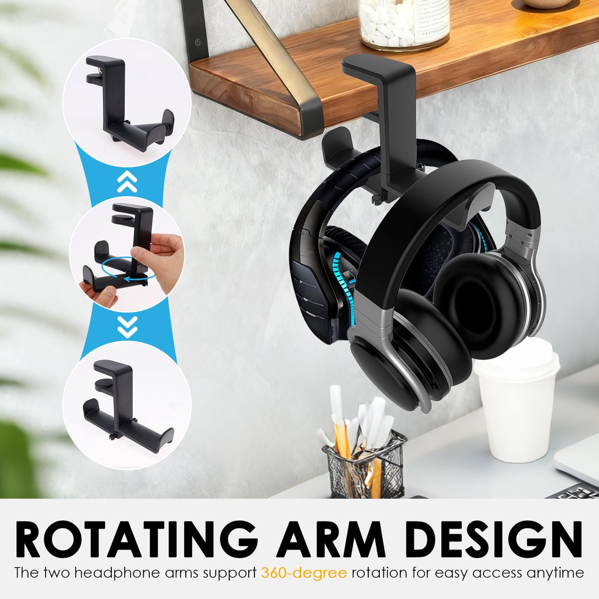 Dual Headphone Hanger Under-Desk Clamp Mount with Cable Clips, 360-Degree Rotating - Image 4