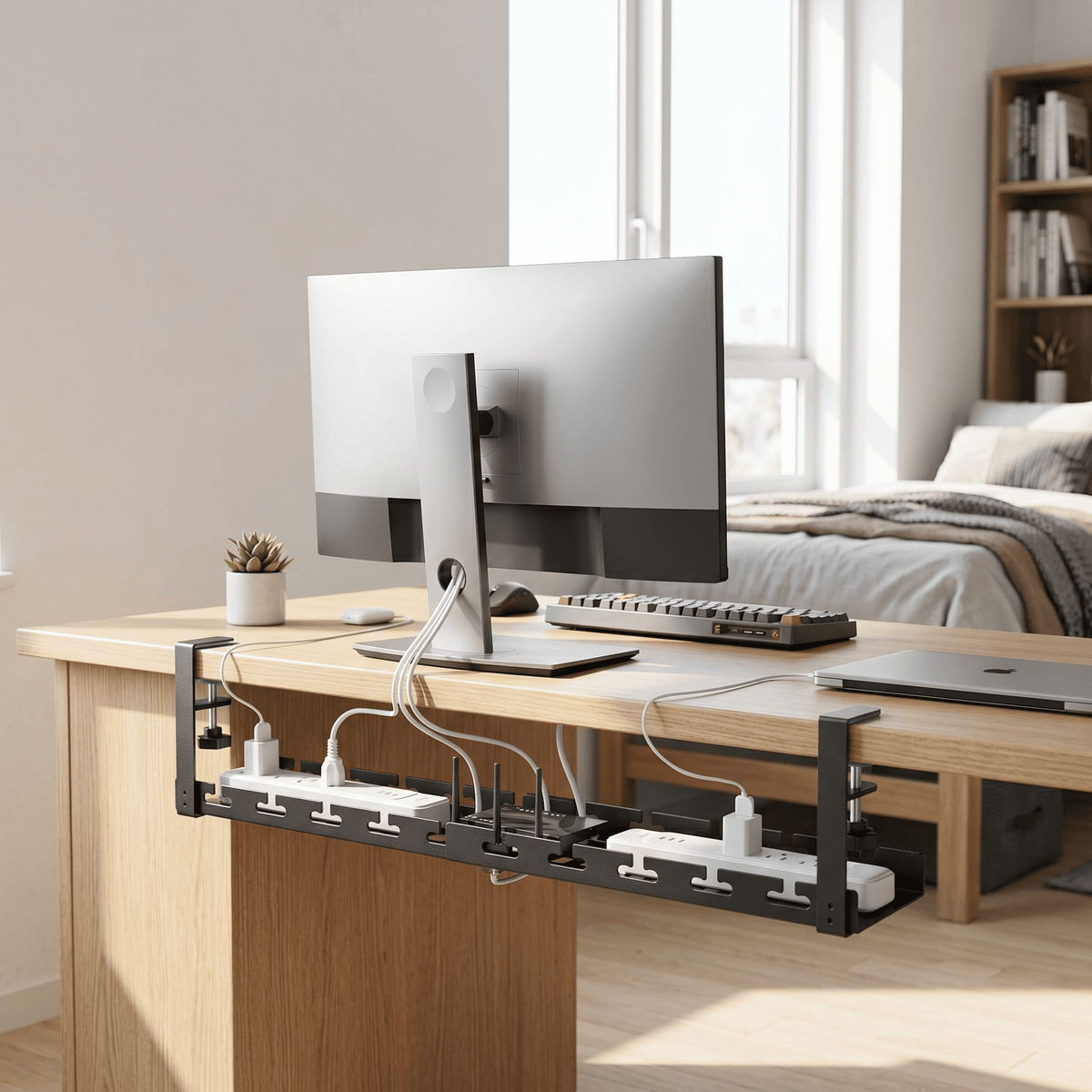 Extendable Under-Desk Cable Tray, 17 to 28.7 Inch Metal Cord Organizer with Clamp - Image 5