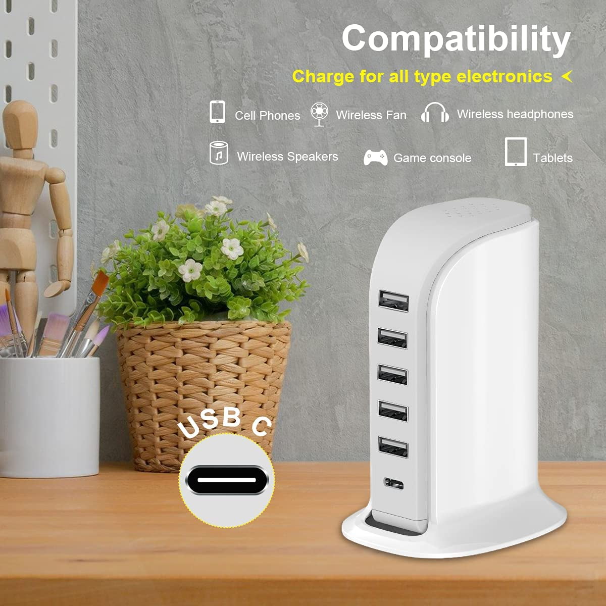 Compact 40 W Charging Station with 5 USB-A and 1 USB-C Port, White Desktop Hub - Image 4