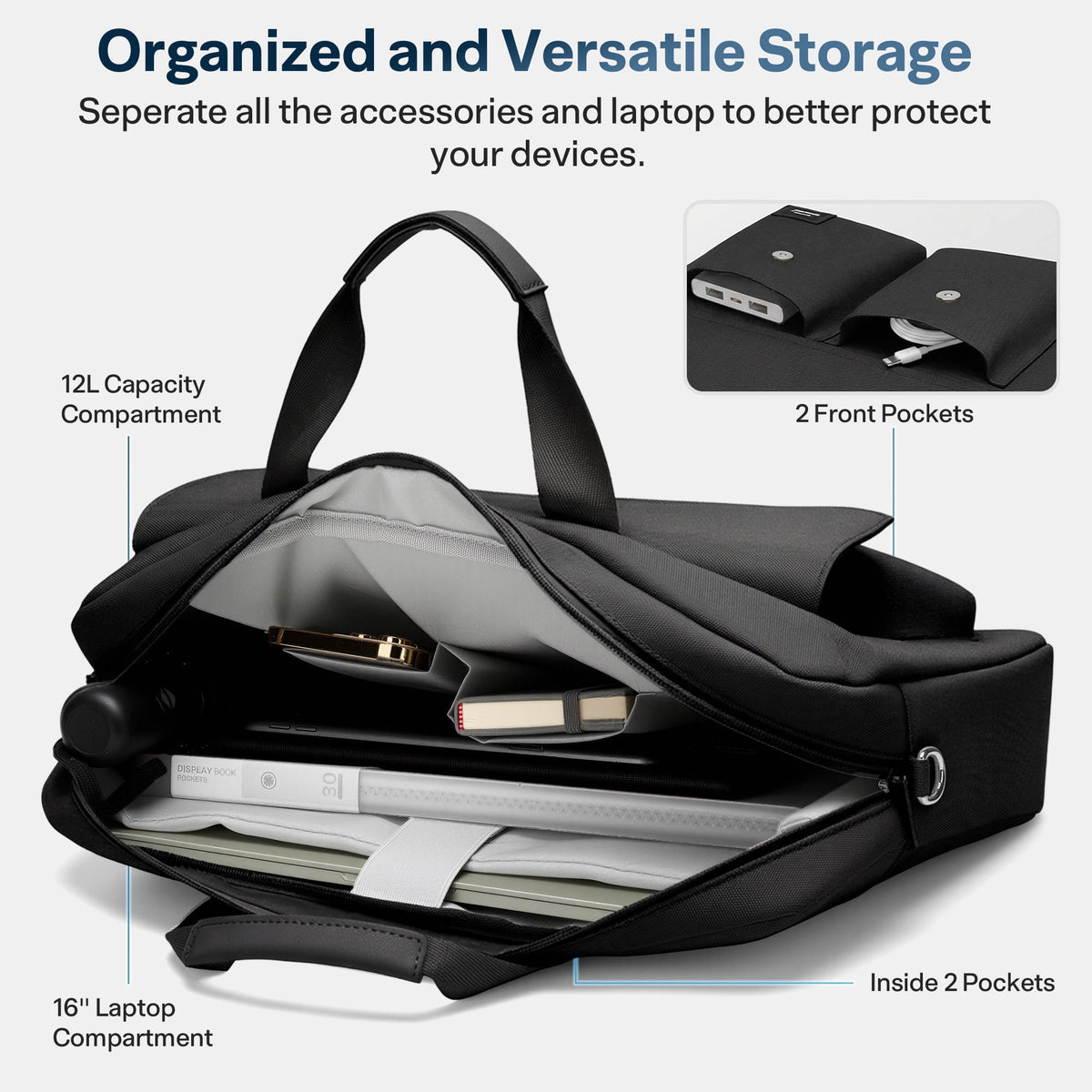 Water-Resistant Laptop Messenger Bag for 11 to 16 Inch Notebooks, Black Briefcase - Image 3