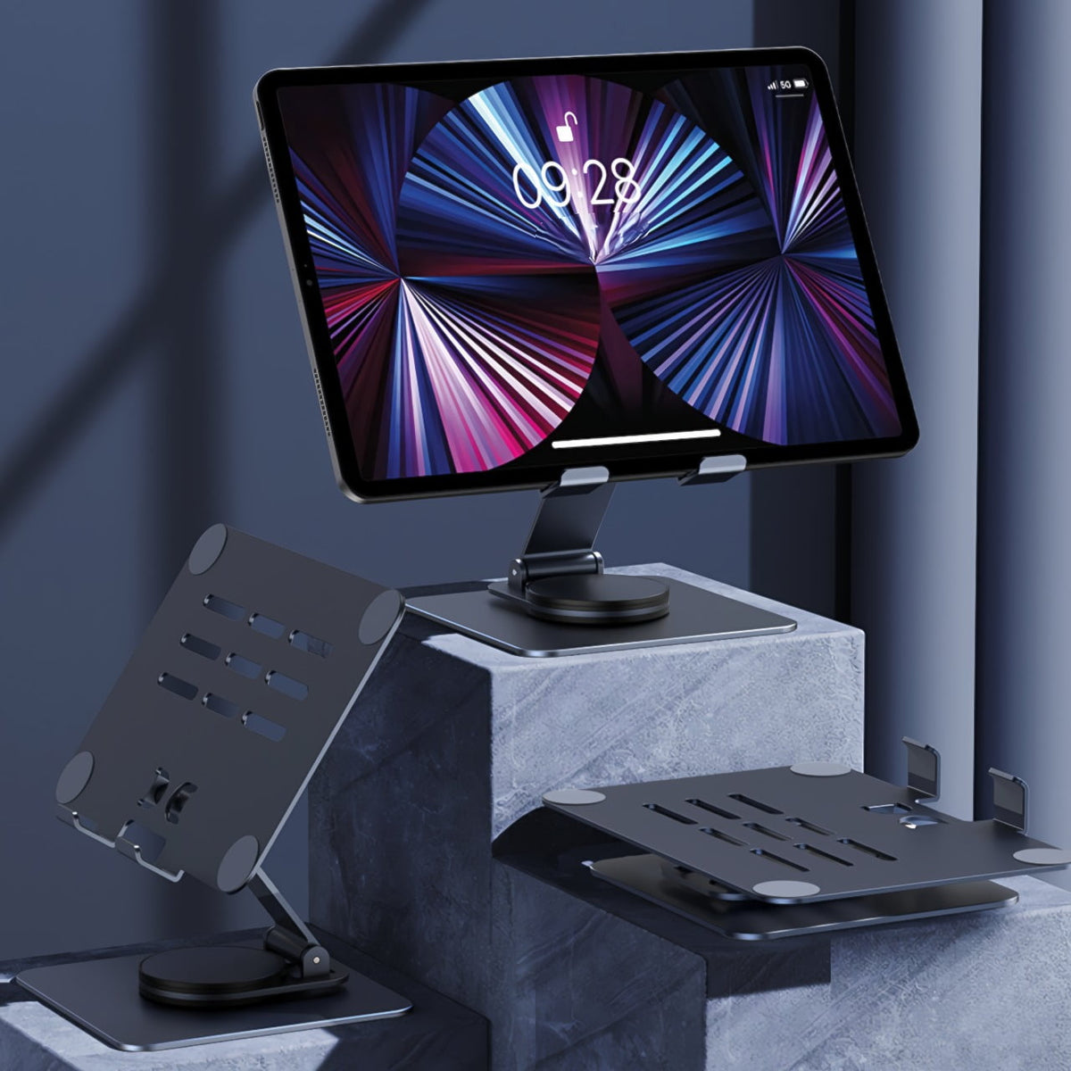 Aluminum Tablet Stand with 360-Degree Rotating Base, Foldable Desk Holder, Gray - Image 5