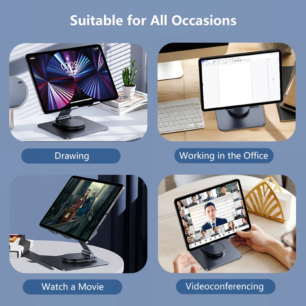 Aluminum Tablet Stand with 360-Degree Rotating Base, Foldable Desk Holder, Gray - Image 3