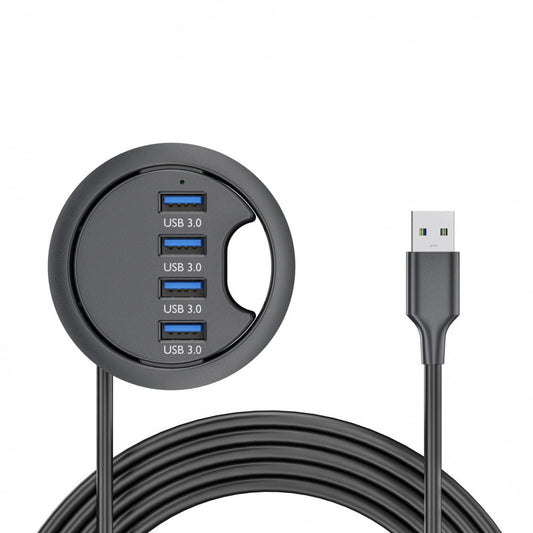 4-Port USB 3.0 Desk Grommet Hub, In-Desk Splitter for 60 mm Cable Holes