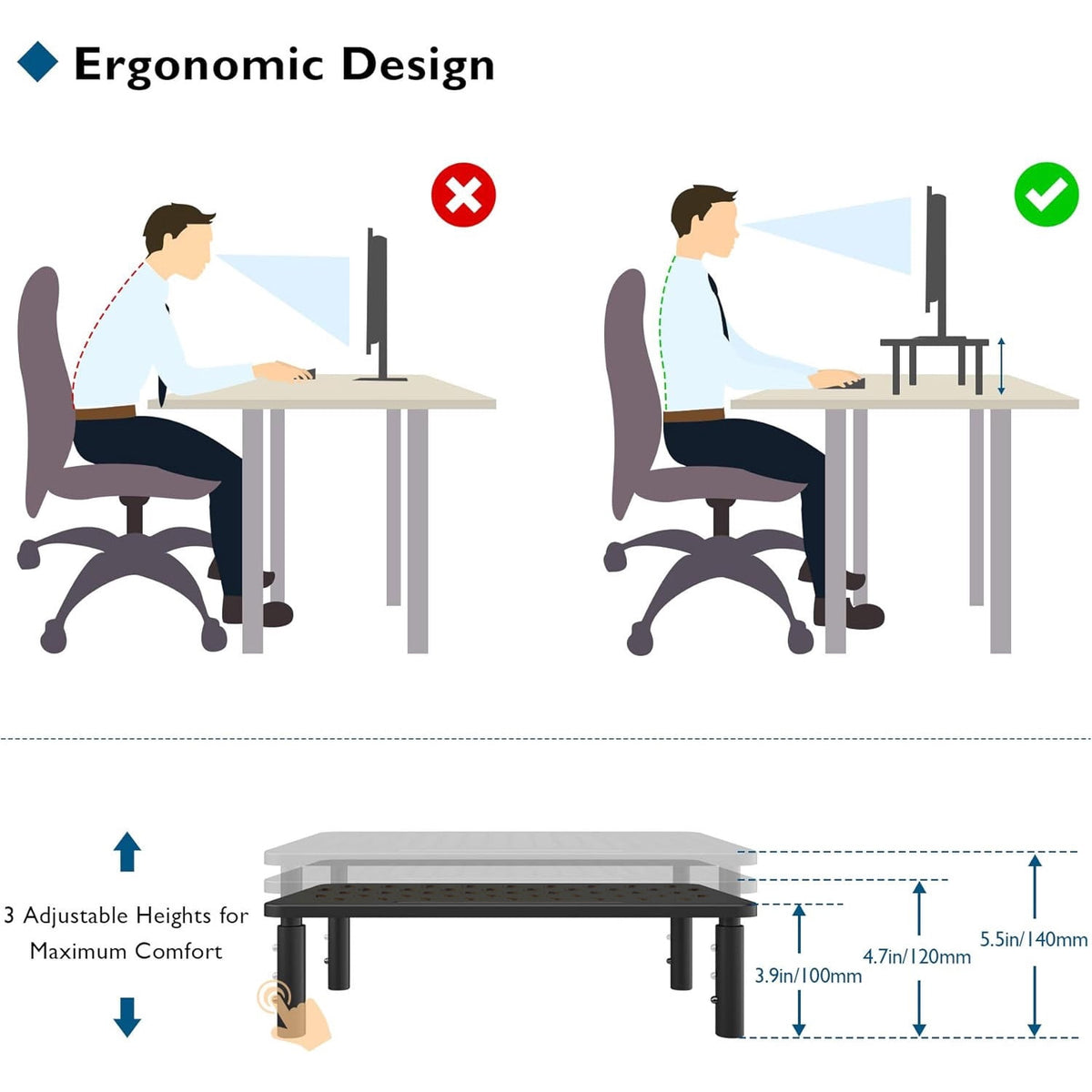 Steel Monitor Stand Riser with Ventilated Platform, 3-Height Adjustable Desk Shelf - Image 4