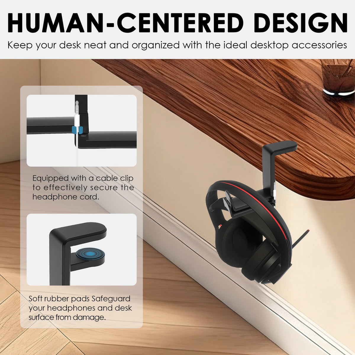 Dual Headphone Hanger Under-Desk Clamp Mount with Cable Clips, 360-Degree Rotating - Image 5