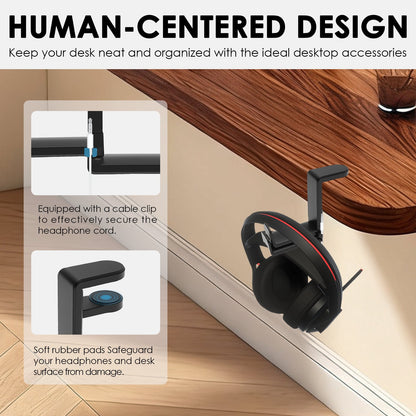 Dual Headphone Hanger Under-Desk Clamp Mount with Cable Clips, 360-Degree Rotating - Image 5