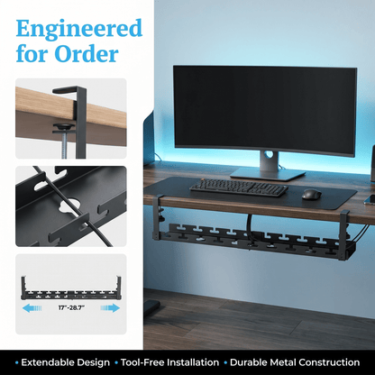 Extendable Under-Desk Cable Tray, 17 to 28.7 Inch Metal Cord Organizer with Clamp - Image 2