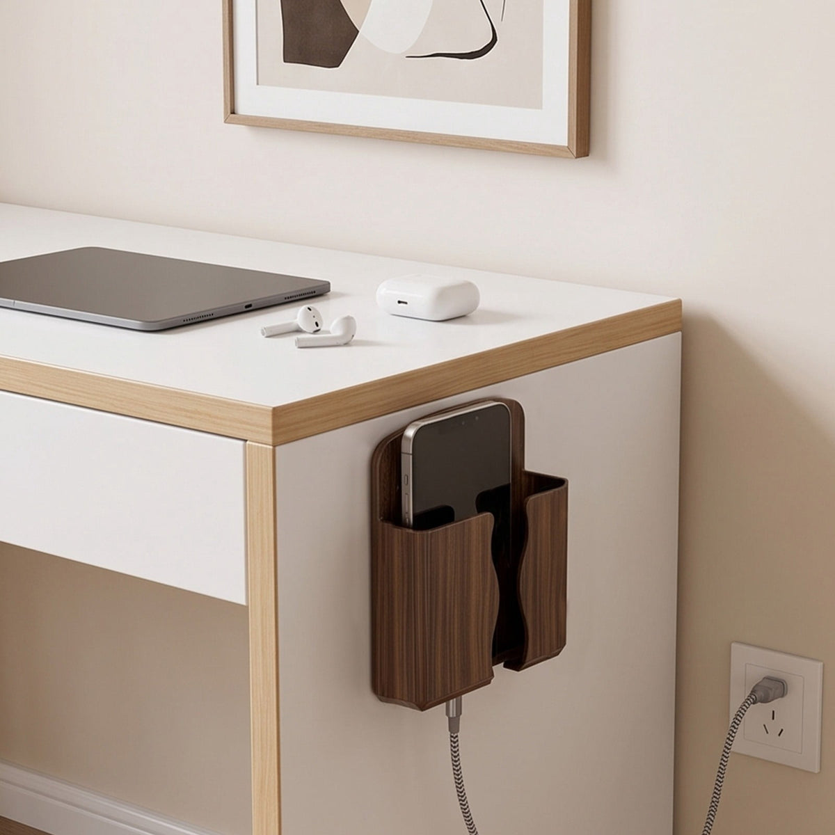 Wall-Mounted Phone Charging Shelf and Remote Holder, No-Drill Wood Grain Organizer - Image 5