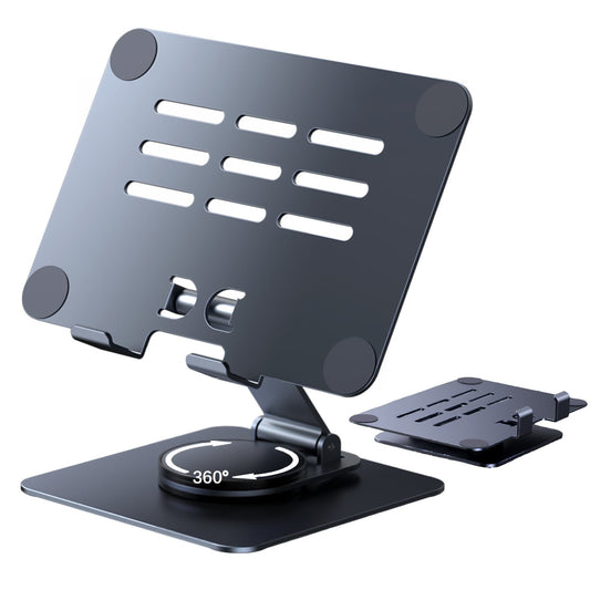 Aluminum Tablet Stand with 360-Degree Rotating Base, Foldable Desk Holder, Gray