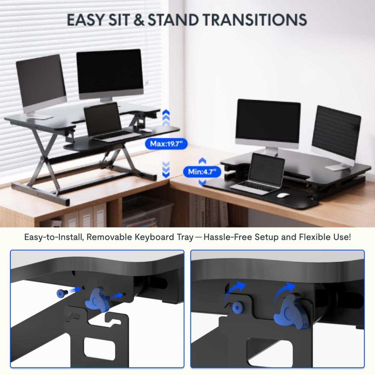 Height-Adjustable Standing Desk Converter, 42 Inch Sit-Stand Riser with Keyboard Tray - Image 5