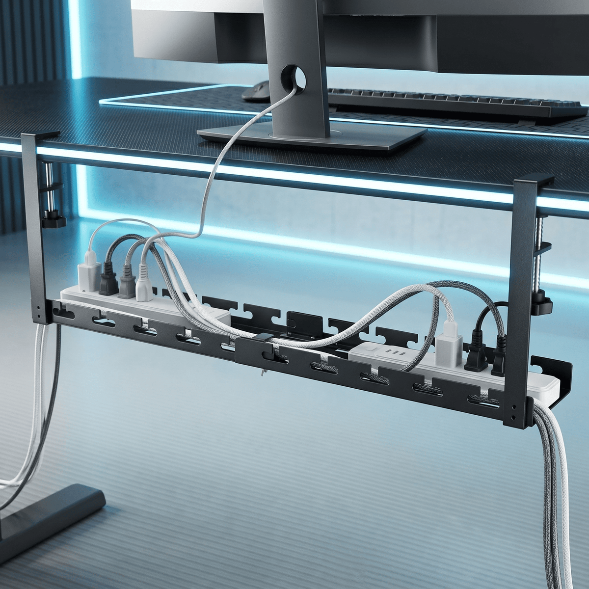 Extendable Under-Desk Cable Tray, 17 to 28.7 Inch Metal Cord Organizer with Clamp - Image 4